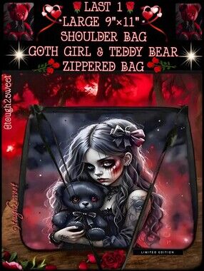 🆕️LAST 1🌹9" BY 11" LARGE  SHOULDER BAG/GOTH GIRL & TEDDY BEAR  ZIPPERED BAG